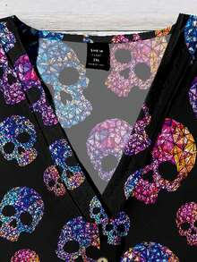 Mellowie Halloween Colorful Skull Print Plus Size Casual V-Neck Ruffle Blouse, Suitable For Summer, Party - Multicolor - View 3