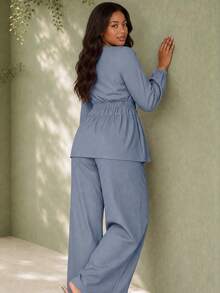 ELLERISSA Plus Size Dusty Blue Textured Tie Front Blouson Sleeve Top & Wide Leg Pants Co-Ord Set - Dusty Blue - View 2