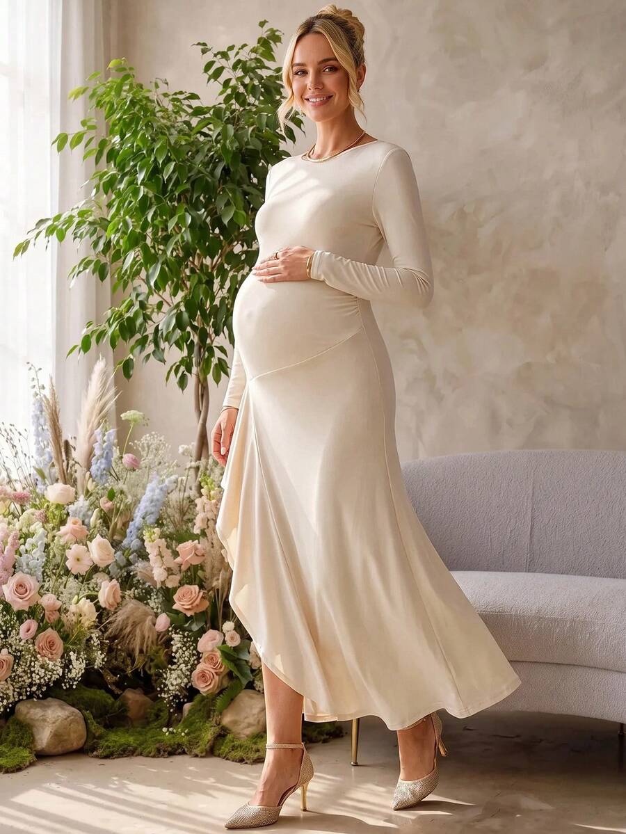 Loomaby Maternity Solid Color Round Neck Long Sleeve Ruffle Hem Split Hem Dress Dress Gender Reveal Dress Maternity Dress Baby Shower Dress Fall