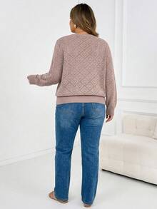 SHEIN CURVE+ 大尺碼女款素色鏤空長袖單排扣針織開襟衫 - 粉色 - 查看 2