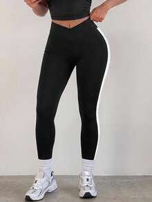 Sunnyshic Women's Colorblock Casual Versatile Daily Travel Sports Tight Leggings - Black and White - View 9