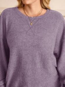 EMERY ROSE Plus Size Women Solid Color Round Neck Drop Shoulder Long Sleeve Casual Loose Sweatshirt - Dusty Purple - View 5