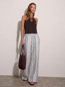 Nöista Striped Linen-Look Wide-Leg Trousers With Mid-Rise Waist. Relaxed Style For Day-To-Night And Holiday Dressing. Vintage Y2K - Multicolor - View 6