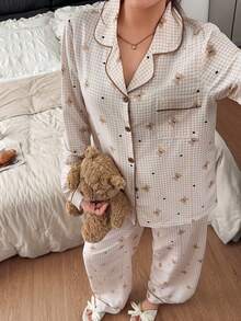 Napfluff Bubble Crinkle Plaid Bear Print Cardigan Collar Pajama Set - Khaki - View 3