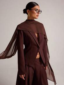 SHEIN BAE Brown Chiffon Scarf Blazer & Pants Set, Long Sleeve Elegant Two Pieces Suit Set For Office Fall, Elegant, Office Elegance - Brown - View 7