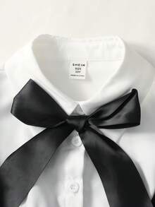 SHEIN 青少年女孩拼接撞色學院風 2合1 收腰蝴蝶結裝飾洋裝，兒童返校穿搭 - 藏蓝色 - 查看 5