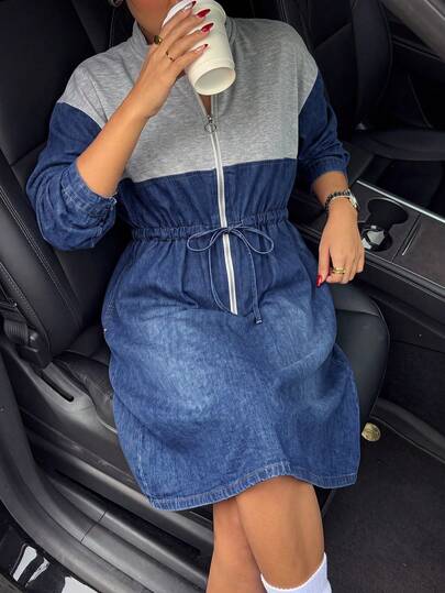 Muchica Women's Colorblock Pleated Casual Daily Summer Denim Dress Fall/Winter