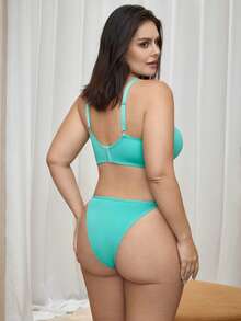 Bralution Conjunto de lencería sexy para uso diario para mujer talla grande con sujetador de tirantes ajustables con ribete de encaje y braguita triangular - verde menta - Ver 2
