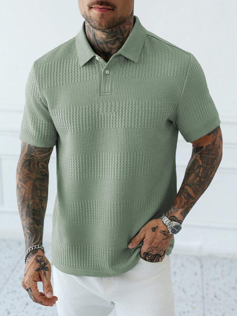 SERO LANO Men's Knit Jacquard Textured Solid Light Bean Green Polo Shirt With Solid Ribbed Collar And Cuffs, 2 White Buttons - Mint Green - View 1