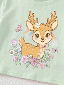 女嬰簡約休閒圓領短袖T恤與內搭褲套裝，適合春夏穿著 - 彩色 - 查看 4