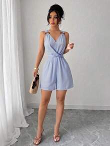 Elenzga Women's Spring/Summer Exquisite Elegant Commuter Blue And White Striped V-Neck Small Circle Decorative Buckle Bow Tie Design Sleeveless Fitted Slim Versatile Jumpsuit - Blue - View 5