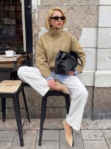 Struktiv Solid Color Khaki Stand Collar Short Jacket For Women, Woven Fabric Front Metal Button Closure Elastic Hem Casual Commute Outerwear - Khaki - View 6