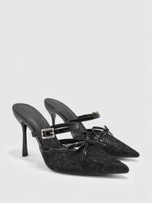 CUCCOO BIZCHIC 簡約後空扣帶細高跟鞋，日常通勤百搭女鞋 - 網紗-1黑 - 查看 1