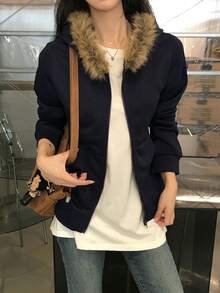 DAZY 女款純色圓領修身短袖內搭T恤，適合秋季 - 藏蓝色 - 查看 5
