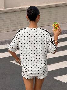 SHEIN Tween Girl Casual Modest Simple Cartoon Pattern Short Sleeve Shorts 2 Pieces Set Suitable For Summer City Break Evening Black And White Polka Dot - Multicolor - View 2