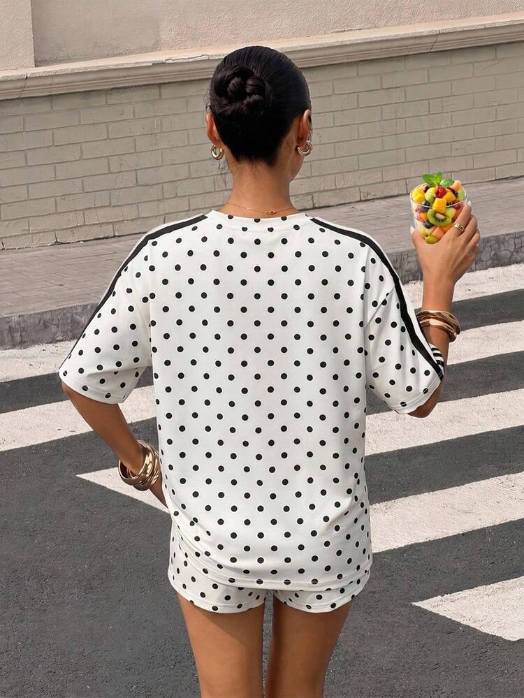 SHEIN 青少年女孩休閒簡約卡通圖案短袖上衣 & 短褲 2件套，適合夏季 - 彩色 - 查看 2