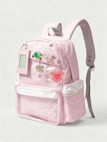ROMWE Kawaii 1个粉色可爱甜美幸运四叶草猫咪吊坠条纹五角星爱心翅膀装饰多气眼多口袋时尚简约大容量量产型女式背包，适合大学、通勤、旅行，包含所有配件 - 淺粉色 - 查看 2