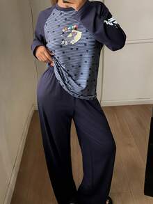 TOM AND JERRY X DAZY Bộ đồ ngủ nữ dáng rộng tay raglan, phối vải patchwork màu tương phản, họa tiết hoạt hình kẻ sọc và chấm bi, cho mùa Thu/Đông - Màu xanh lam - Xem 5