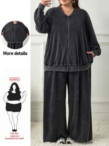 SHEIN CURVE+ 大尺碼休閒水洗雪花棒球夾克與寬鬆長褲套裝，秋季穿搭 - 黑色 - 查看 8