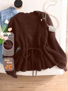 SHEIN Frenchy Plus Size Women Fall Wave V-Neck Off The Shoulder Pullover Sweater, For Winter - Brown - View 7