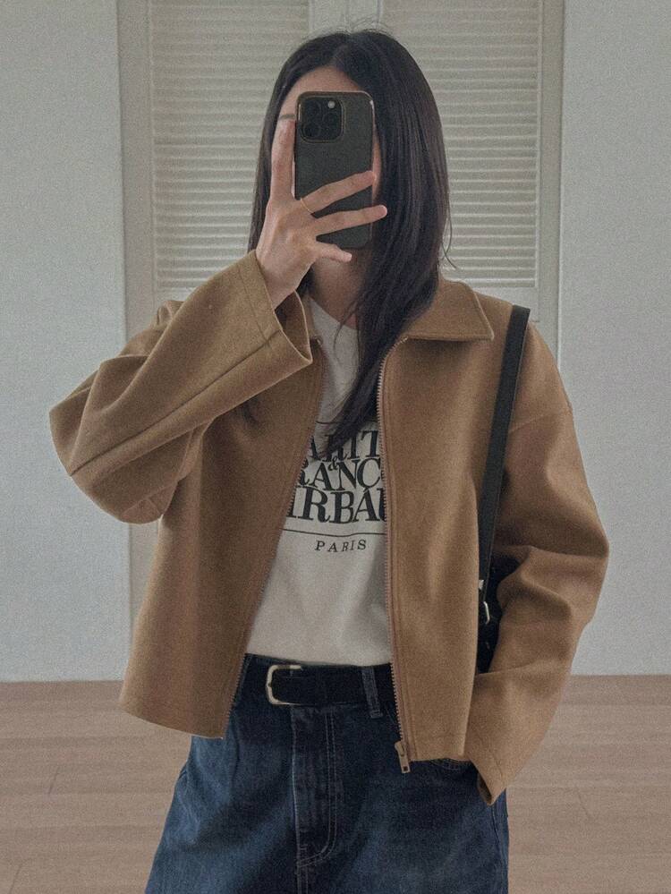 DAZY 女款純色拉鍊寬鬆翻領長袖休閒正式度假春秋款常規羊毛夾克 - 棕色 - 查看 5