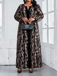 SHEIN Lady Plus Size Women's All-Over Print Notch V-Neck Lantern Sleeve Loose Fit Dress Fall - Multicolor - View 3