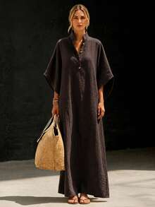 Balvessa Gaun Panjang Wanita Warna Beige dengan Tekstur Linen Imitasi, Kerah Tegak, Kancing, Gaun Kasual untuk Liburan Pantai - Coklat - View 3