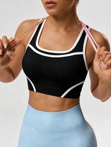 SHEIN Sports Women's Piped Trim Daily Fitness Cropped Sports Tank Top - Black - View 3