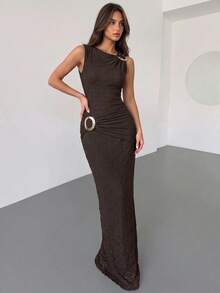 Firerie Metallic Decorative Brown Textured Sleeveless Stretch Dress Elegant Casual Formal Party Going Out Office Vacation Festival - Brown - View 5