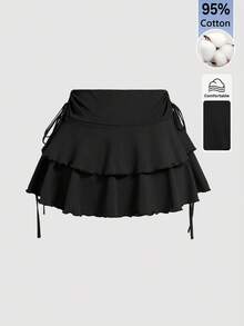 SHEIN Tall 女款素色百褶休閒百搭日常裙 - 黑色 - 查看 2