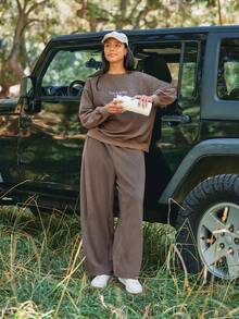 Levarali Women's Plus Size Letter Print Long Sleeve Top And Pants Casual Daily Sports Set Fall - Coffee Brown - View 7