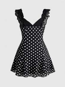 Sweetness Dark Gothic Burgundy Lace Patchwork Women's Short Dress - Multicolor - View 2