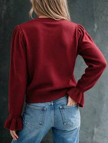 Balvessa Sweater Kasual Serbaguna Lengan Panjang Leher Bulat Warna Polos untuk Wanita - Burgundy - View 2