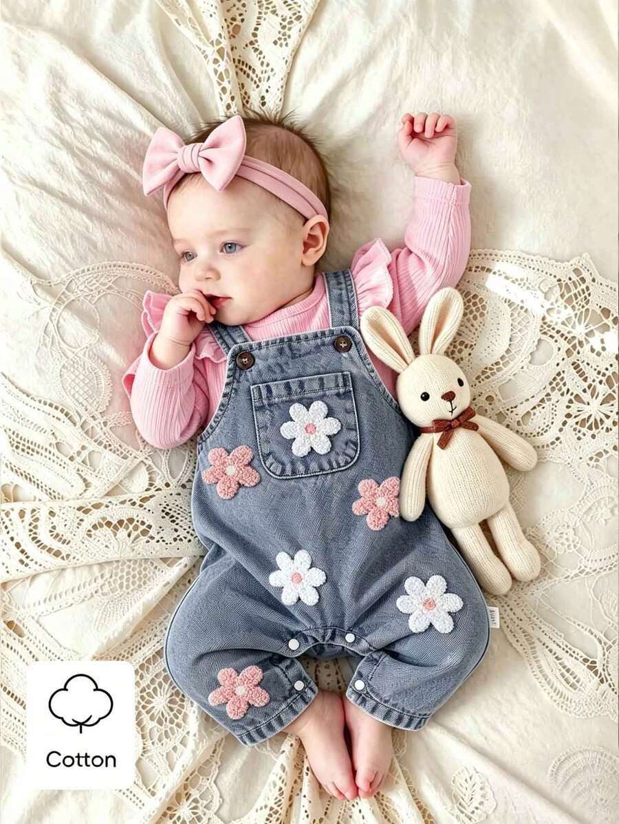 SHEIN 2件組女嬰韓式清新花卉刺繡牛仔吊帶褲套裝，粉色荷葉袖羅紋長袖T恤，精緻刺繡，柔軟面料，適中厚度，嬰兒幼兒2件套，春秋新品，適合派對、慶祝、日常穿著，0-1歲