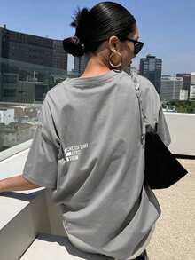 DAZY Slogan Graphic Drop Shoulder Tee CHERISH TIME EFFECT DREAM Oversized T-Shirt - Grey - View 6
