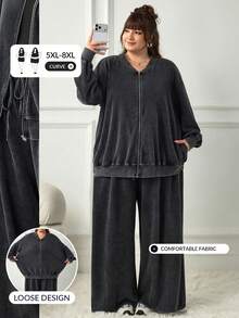 SHEIN CURVE+ 大尺碼休閒水洗雪花棒球夾克與寬鬆長褲套裝，秋季穿搭 - 黑色 - 查看 9
