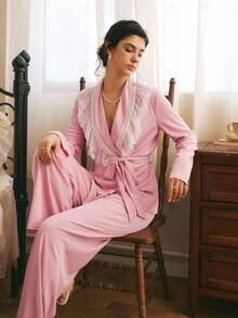 Côtesoire Southern French Court Romantic Casual Lace Patchwork Long Sleeve Pants Pajama Set For Women - Dusty Pink - View 6