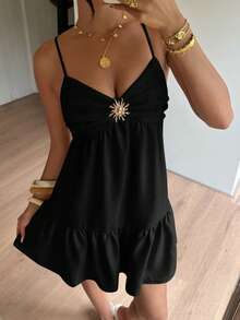 Siren Gaze Women's Summer Casual Metal Decor Spaghetti Strap Short Dress - Black - View 2