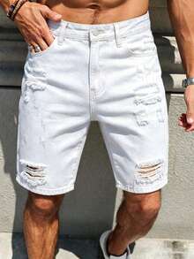 Manfinity Homme Men's Spring Summer Street Style Casual Distressed Ripped Straight Leg White Denim Shorts - White - View 5