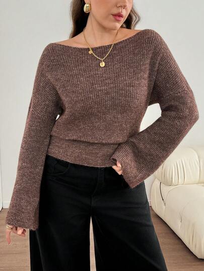 Easowa Curve Plus Size Women Solid Color Casual Daily Pullover Sweater