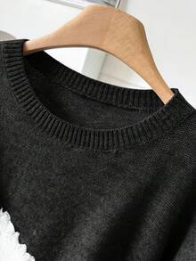 CosyJoli Plus Size Casual Cat Whisker Tassel Color Block Crew Neck Pullover Sweater/Winter - Black - View 3