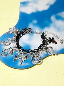 Popjeli 1 Dark Polka Dot Cross Butterfly Charm Bracelet, Bow Swirl Bow Bracelet - Silver - View 1