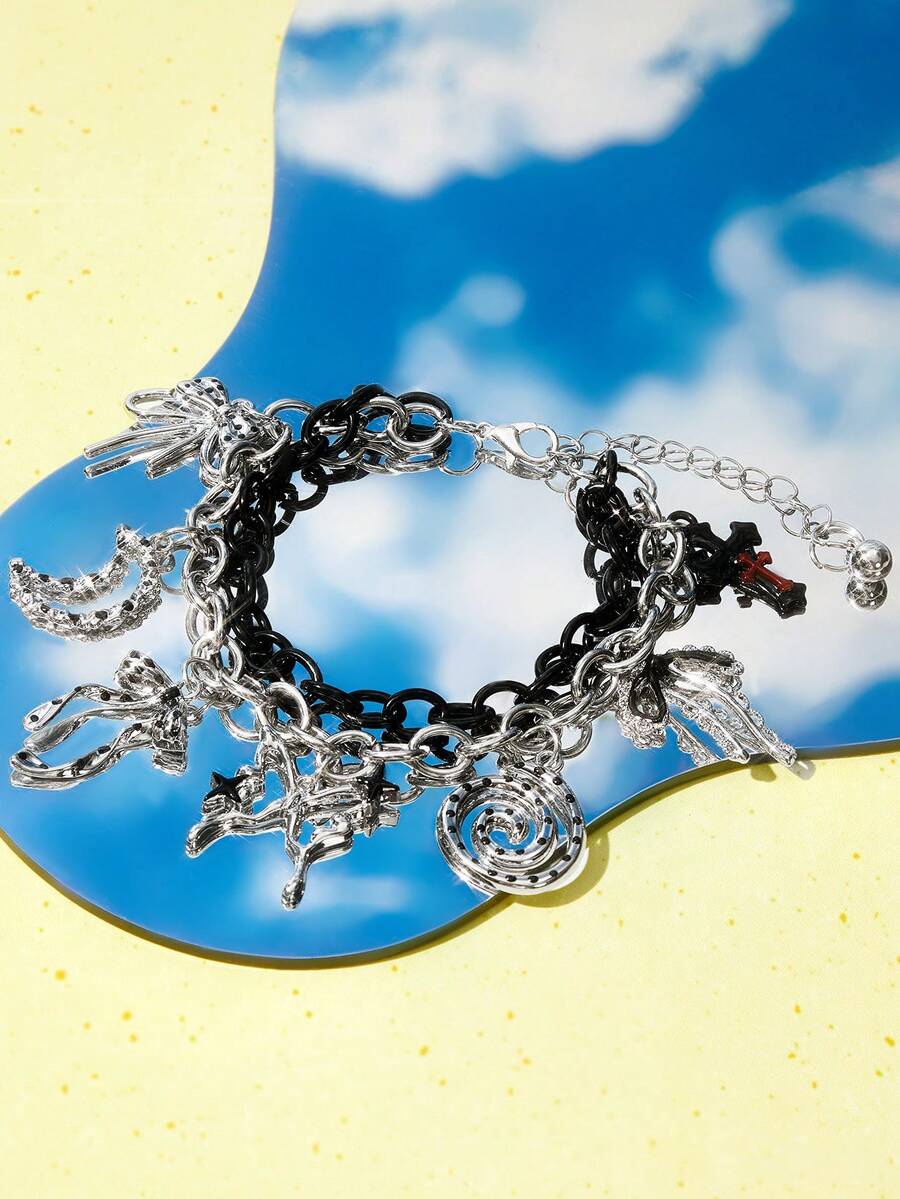 Popjeli 1 Dark Polka Dot Cross Butterfly Charm Bracelet, Bow Swirl Bow Bracelet - Silver - View 1