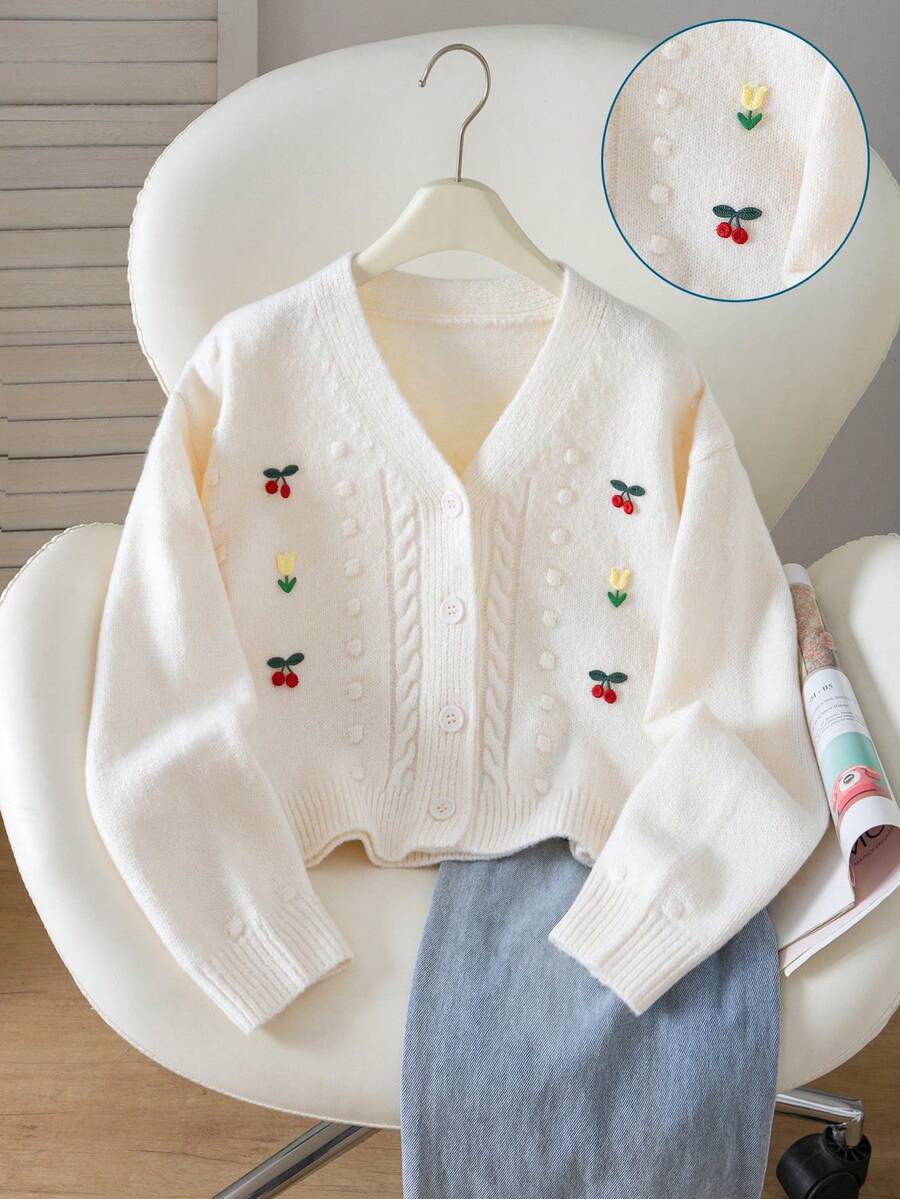 SHEIN Vintaside Kids 新款時尚女童大童可愛3D圖案素色長袖開襟針織衫 - 米色 - 查看 1