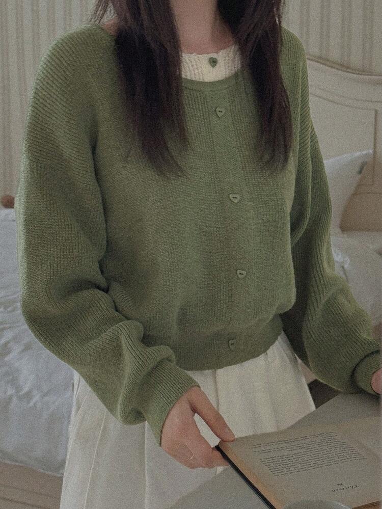 DAZY 拼接 2 合 1 寬鬆圓領長袖鈕扣裝飾休閒度假針織套頭毛衣 女款 秋冬 - 綠色 - 查看 5
