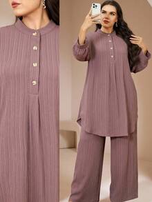 Solavon Plus Size Elegant Commuter Solid Color Shirt & Pants 2 Pieces Set - Dusty Pink - View 6