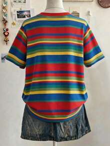 1pc Teen Girls Y2K Millennium Style Retro Colorful Contrast Stripe Pattern Short Sleeve Round Neck T-Shirt, Suitable For Campus, Daily Outings, Parties, Casual Summer Top Outfit - Multicolor - View 2
