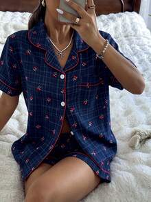 SHEIN 女款粉色格紋櫻桃印花襯衫式開襟翻領短袖短褲睡衣套裝 - 藏蓝色 - 查看 4