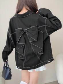 FRIFUL Women's Bow Decor Casual Versatile Daily Denim Jacket - Black - View 1