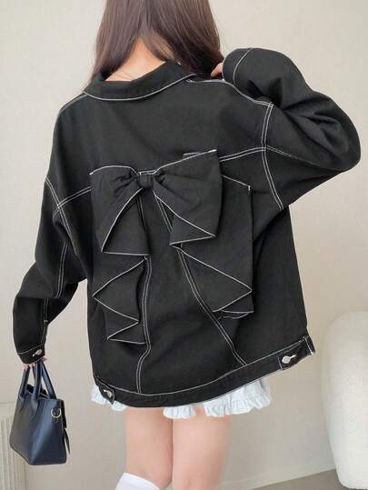 FRIFUL Women's Bow Decor Casual Versatile Daily Denim Jacket